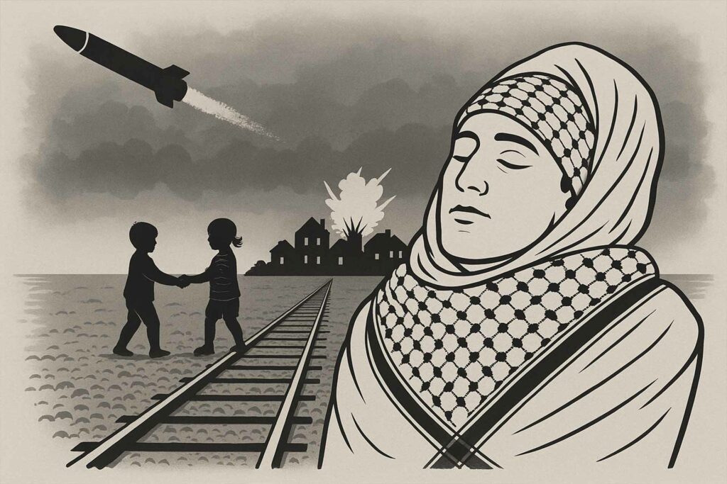 مشهد رمزي أبيض وأسود يُظهر سكة قطار تنتهي عند طفلين يلعبان تحت سماء مظلمة، بينما ينطلق صاروخ نحو بيوت تتعرض لانفجار في الخلفية، وعلى الجانب الأيمن صورة كبيرة لشهيد ملفوف بالكوفية بملامح هادئة.