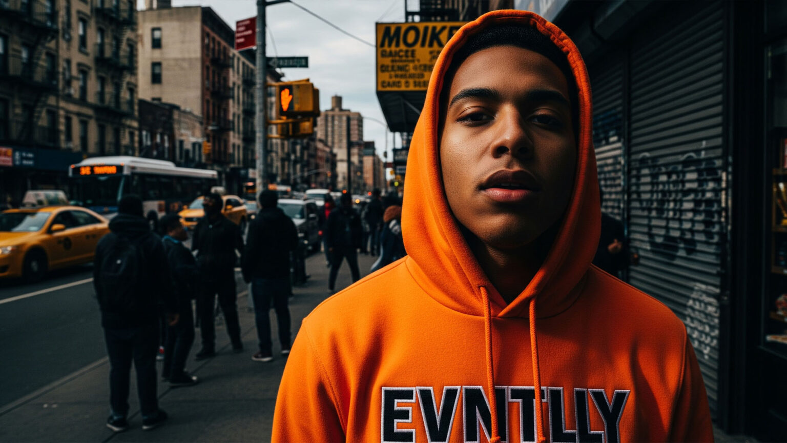 شاب من أصول لاتينية يرتدي هودي برتقالي بشعار "EVNTLLY" في شارع حيوي بالبرونكس، ينظر بثقة. صورة تعكس ريادة الأعمال للشباب والأمل.