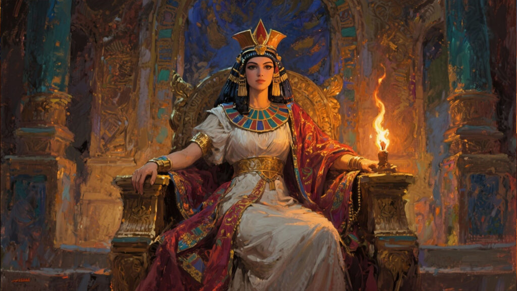 لوحة فنية تُصوّر الملكة كليوباترا بأجواء تاريخية وألوان لافتة