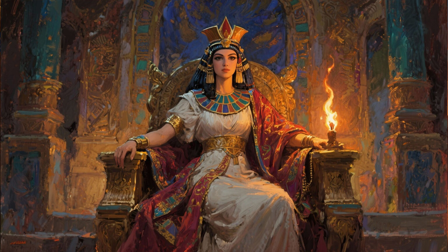 لوحة فنية تُصوّر الملكة كليوباترا بأجواء تاريخية وألوان لافتة