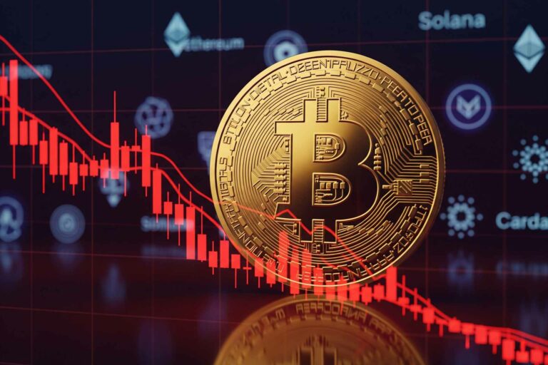 صورة تعبيرية عن سعر البيتكوين اليوم تُظهر عملة بيتكوين ذهبية أمام شاشة بيانية حمراء توضح الهبوط مع رموز العملات المشفرة الأخرى مثل إيثريوم وسولانا وكاردانو.