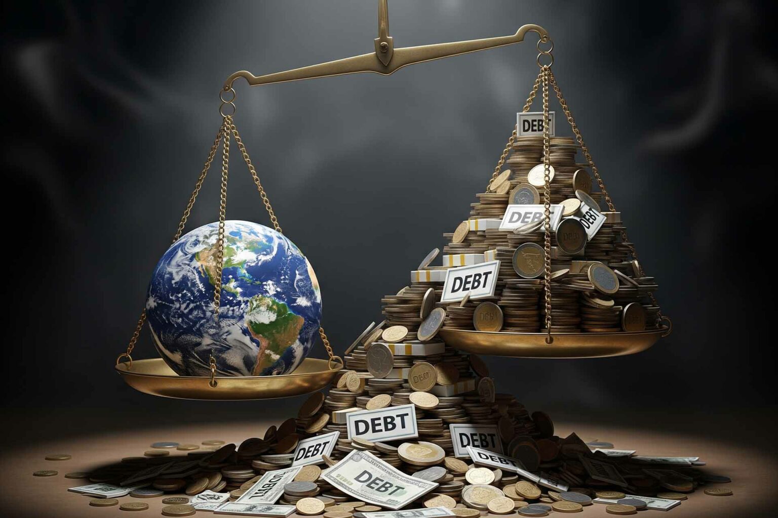 ميزان يظهر الإحصائيات العالمية للديون، حيث كفة تحمل كوكب الأرض وكفة أخرى مثقلة بأكوام عملات مكتوب عليها "Debt"، مما يرمز للعبء الاقتصادي العالمي