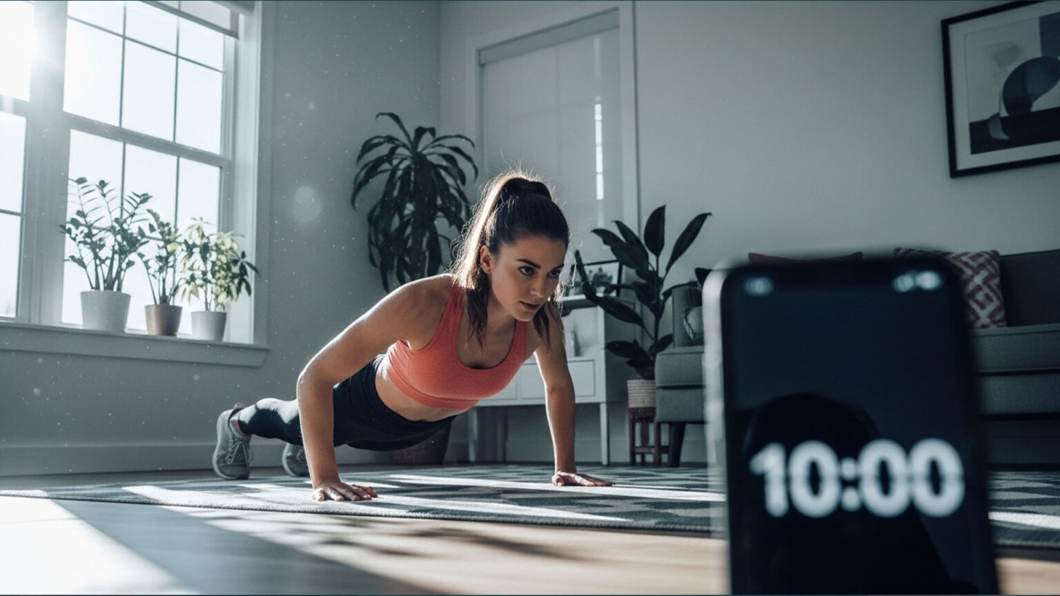 امرأة تؤدي تمرين قفز مكثف في منزلها، مع هاتف ذكي يعرض ساعة توقيت تشير إلى تمرين الرياضة القصيرة لمدة 10 دقائق