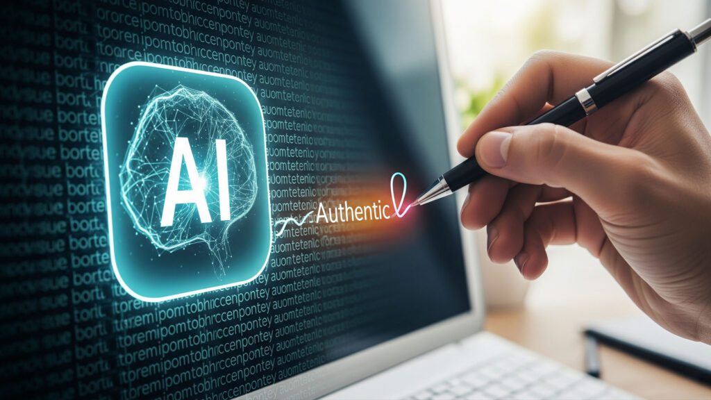 صورة تعبر عن الانتحال في الذكاء الاصطناعي، حيث تظهر شاشة كمبيوتر مليئة بنصوص مكررة مع أيقونة AI، بينما يد تمسك بقلم لإبراز دور الإنسان في إنتاج محتوى أصيل.