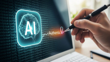 صورة تعبر عن الانتحال في الذكاء الاصطناعي، حيث تظهر شاشة كمبيوتر مليئة بنصوص مكررة مع أيقونة AI، بينما يد تمسك بقلم لإبراز دور الإنسان في إنتاج محتوى أصيل.