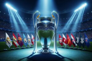 كأس دوري أبطال أوروبا محاط بأعلام أبرز الأندية الأوروبية داخل ملعب مضاء