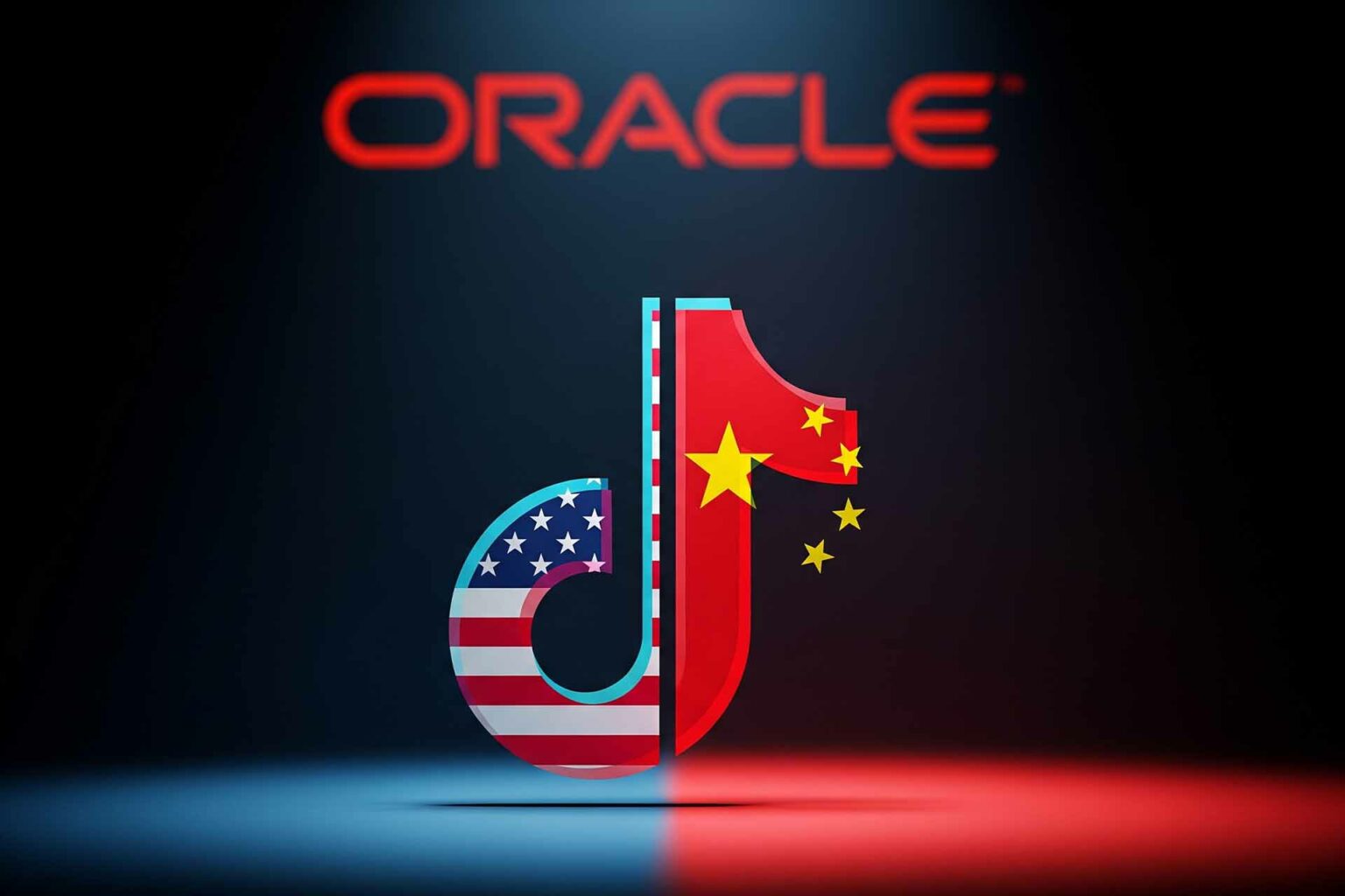اتفاق جديد لتيك توك في الولايات المتحدة: تفاصيل الإدارة الأميركية والملكية صورة تعبيرية عن اتفاق تيك توك في أميركا تُظهر شعار التطبيق مقسوماً بين ألوان العلم الأميركي والعلم الصيني، مع وجود شعار Oracle في الخلفية للدلالة على الدور الأميركي في إدارة البيانات.