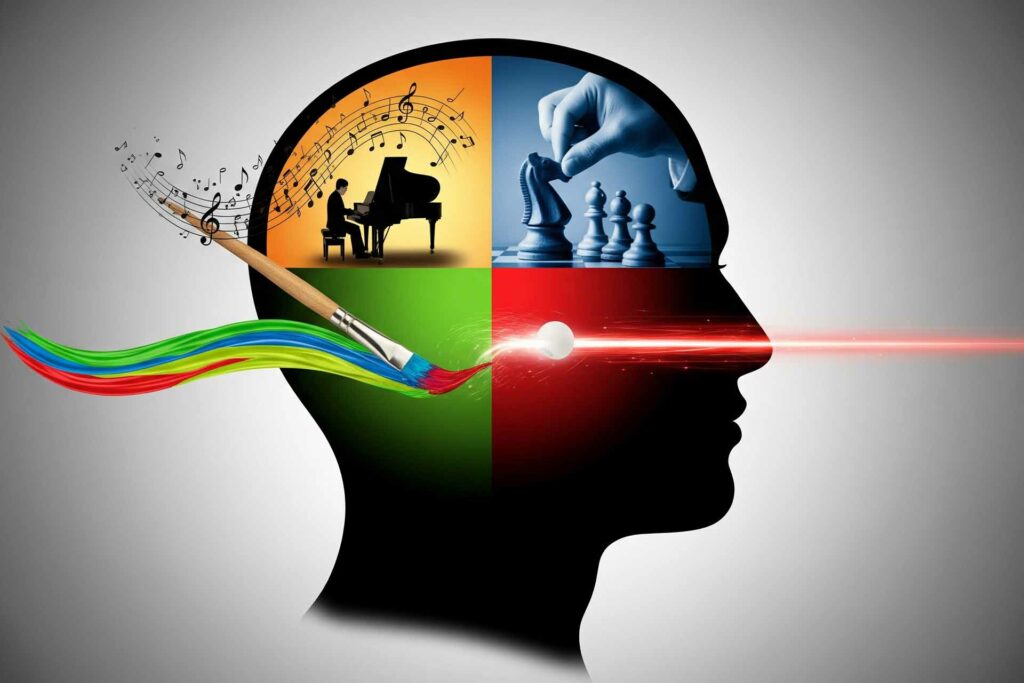 صورة رمزية لرأس إنسان باللون الأسود. داخل الرأس، أربعة مشاهد ملونة تمثل هوايات لصحة الدماغ: شخص يعزف على البيانو للذاكرة، يد تلعب الشطرنج للتركيز، فرشاة رسم للإبداع، وشعاع ضوئي سريع لسرعة المعالجة.