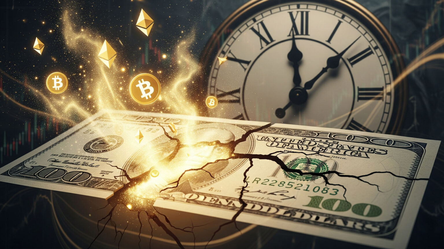 صورة تعبيرية تُظهر ورقة دولار أميركي متشققة يتطاير منها غبار ذهبي وأيقونات كريبتو مثل بيتكوين وإيثريوم، في خلفيتها ساعة ترمز لضغط الزمن على أزمة الدين الأميركي.