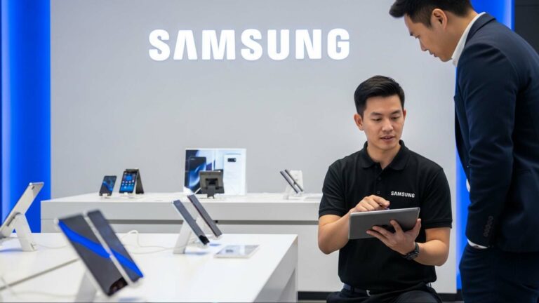 موظف سامسونغ يستخدم جهازًا لوحيًا لتشخيص هاتف Galaxy أمام عميل داخل متجر سامسونج