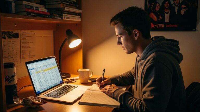 طالب جامعي يجلس أمام اللابتوب في سكنه الطلابي، يراجع ميزانيته ويكتب ملاحظات على دفتر.