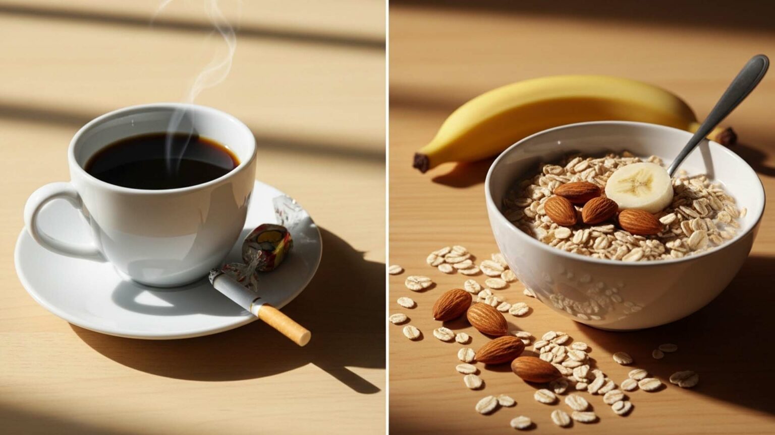 مشهد صباحي يظهر فيه فنجان قهوة وسيجارة وقطعة حلوى على جانب، يقابله طبق شوفان وموز ولوز منقوع على الجانب الآخر، يرمز للتباين بين الأطعمة الضارة والمفيدة على معدة فارغة.