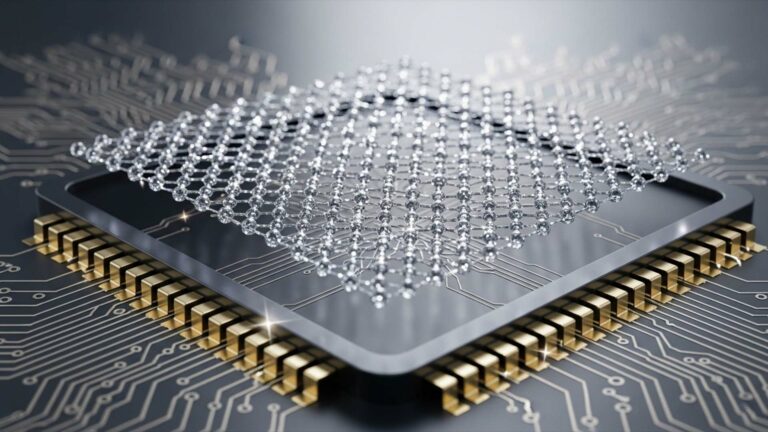 رقاقة إلكترونية تُظهر بنية بلورية ذرية ممدودة فوق سطح السيليكون