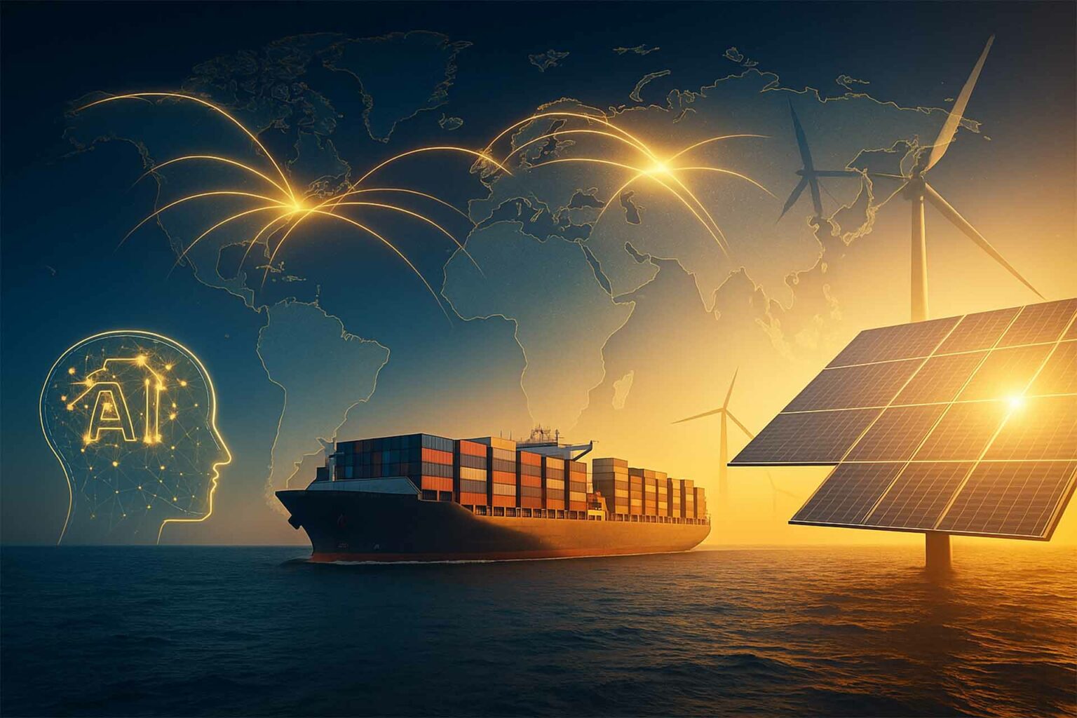 توقعات مستقبلية للصادرات العالمية 2025 وما بعدها: بين النمو المحدود والتحول الصناعي الذكي خريطة تمثل توقعات مستقبلية للصادرات العالمية 2025 وما بعدها، مع رموز التكنولوجيا والطاقة النظيفة.
