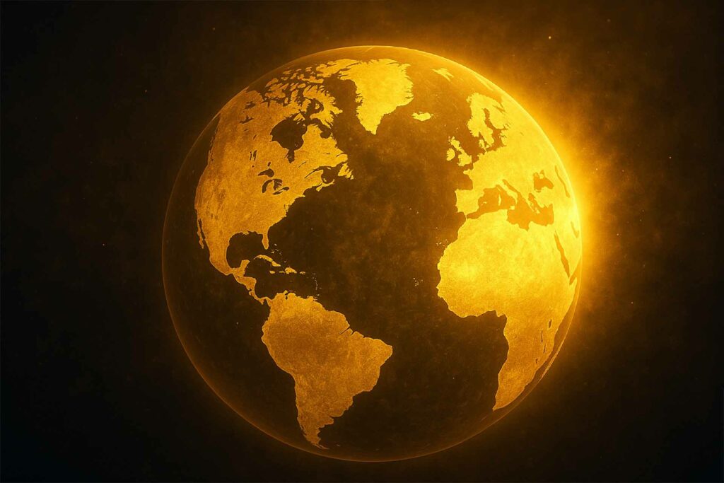 تحليل أسعار الذهب 2025: إلى أين يتجه المعدن الأصفر وسط التوترات العالمية؟ انعكاس الضوء الذهبي على خريطة العالم يرمز لقوة الذهب العالمية في 2025