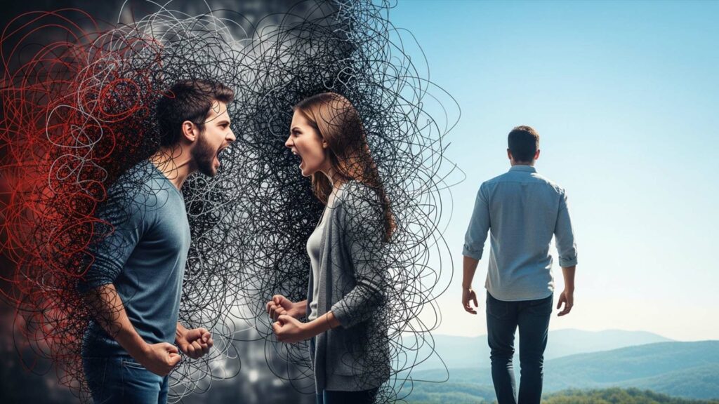 شخص ينسحب بهدوء من نقاش غير صحي مليء بالفوضى، ويختار السلام النفسي والوضوح.