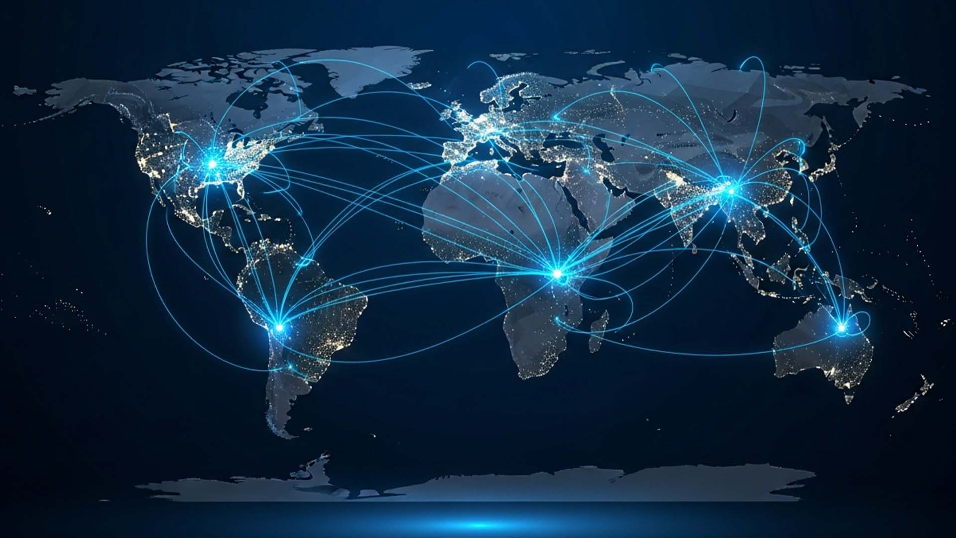خريطة رقمية مضيئة تُظهر الشبكة العالمية للإنترنت بخطوط اتصال متوهجة