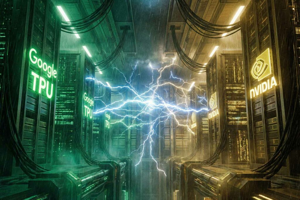 مركز بيانات متطور يُظهر منافسة شرائح إنفيديا مع شرائح غوغل TPU داخل بيئة خوادم مستقبلية، يعكس صراع السيطرة على سوق مسرّعات الذكاء الاصطناعي.