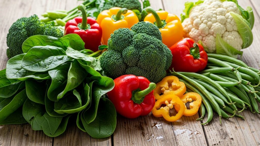 خضراوات لمرضى السكري تشمل السبانخ والبروكلي والفلفل الحلو والفاصوليا الخضراء والقرنبيط موضوعة على طاولة خشبية بشكل صحي وطبيعي.