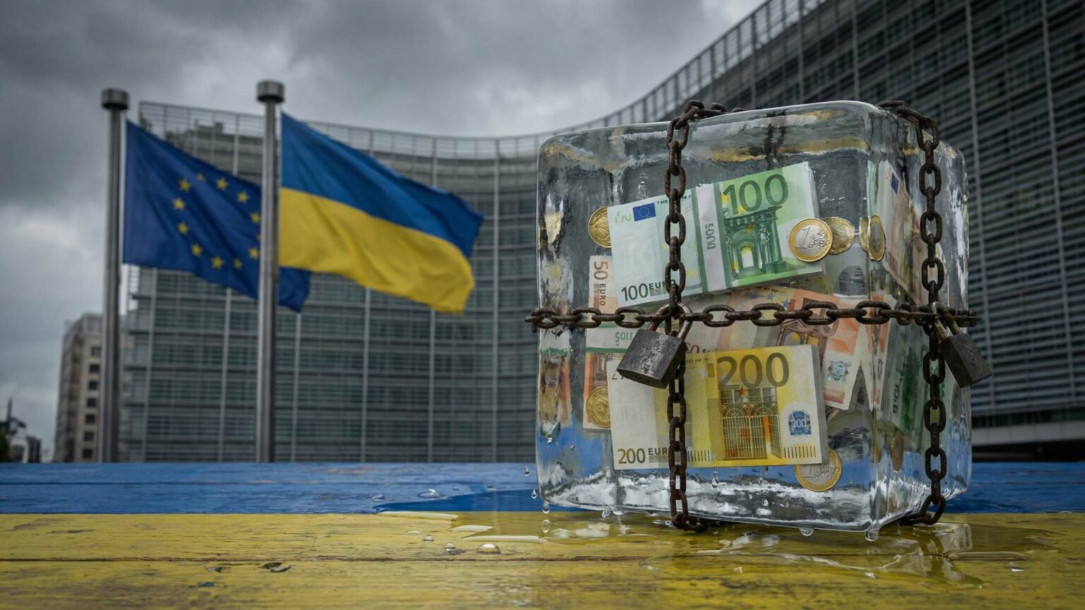 أعلام الاتحاد الأوروبي وأوكرانيا أمام مقر المفوضية الأوروبية في بروكسل