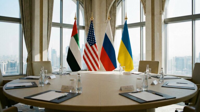 أعلام روسيا وأوكرانيا وأمريكا في قاعة مفاوضات أبوظبي.