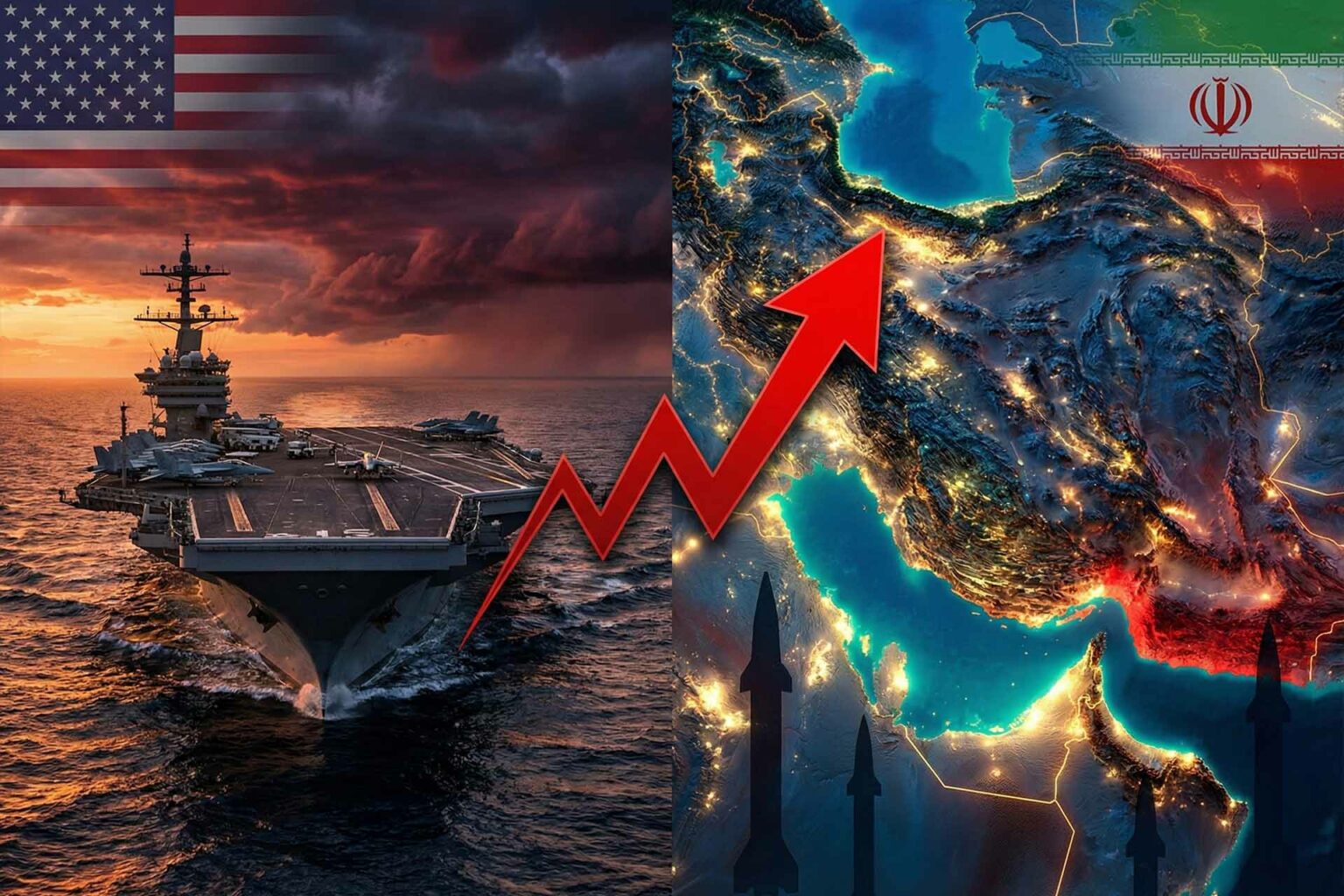 حاملة طائرات أمريكية مقابل السواحل الإيرانية في ظل التصعيد بين أمريكا وإيران.