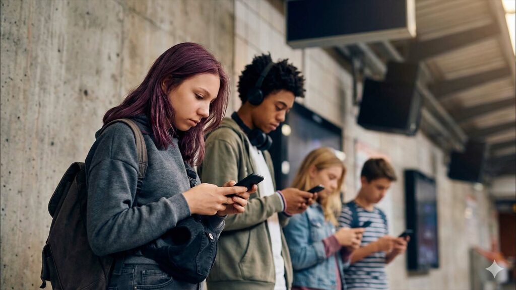 مجموعة من المراهقين يستخدمون هواتف ذكية