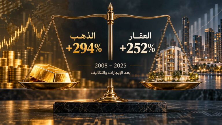 الذهب أم العقارات منذ 2008؟ مقارنة العائد الحقيقي بعد الإيجارات والتكاليف مقارنة عائد الذهب والعقارات بين 2008 و2025 بعد الإيجارات والتكاليف